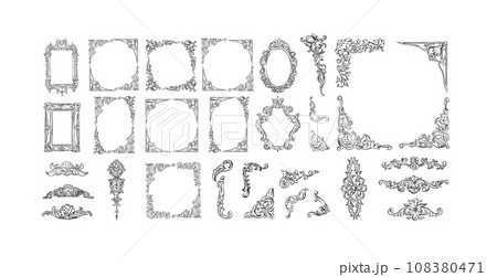 Hand drawn vector abstract outline,graphic,line art vintage baroque ornament floral frames set in minimalistic modern style.Baroque floral vintage outline design concept.Vector antique frame isolated. Hand drawn vector abstract outline,graphic,line art vintage baroque ornament floral frames set in minimalistic modern style.Baroque floral vintage outline design concept.Vector antique frame isolated. 108380471