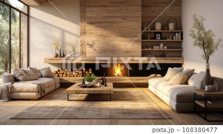 Design of a living room with a fireplace, natural light from a stained glass window, a consistent minimalist design in the house project. Design of a living room with a fireplace, natural light from a stained glass window, a consistent minimalist design in the house project. 108380477
