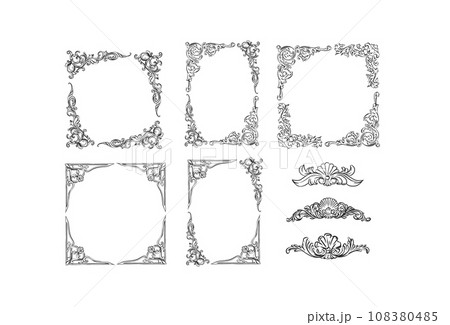 Hand drawn vector abstract outline,graphic,line art vintage baroque ornament floral frames set in minimalistic modern style.Baroque floral vintage outline design concept.Vector antique frame isolated. Hand drawn vector abstract outline,graphic,line art vintage baroque ornament floral frames set in minimalistic modern style.Baroque floral vintage outline design concept.Vector antique frame isolated. 108380485
