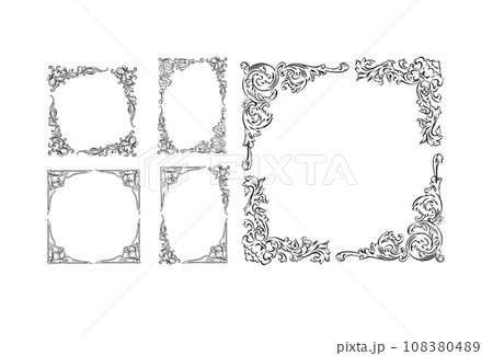 Hand drawn vector abstract outline,graphic,line art vintage baroque ornament floral frames set in minimalistic modern style.Baroque floral vintage outline design concept.Vector antique frame isolated. 108380489