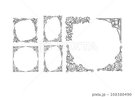 Hand drawn vector abstract outline,graphic,line art vintage baroque ornament floral frames set in minimalistic modern style.Baroque floral vintage outline design concept.Vector antique frame isolated. 108380490