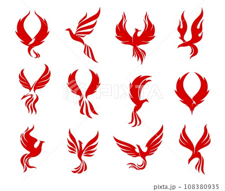 Red phoenix bird icons, firebird flying on fire flame wings, vector corporate emblems. Phoenix or creative falcon, hawk and eagle bird silhouette symbols for fashion brand or luxury boutique label Red phoenix bird icons, firebird flying on fire flame wings, vector corporate emblems. Phoenix or creative falcon, hawk and eagle bird silhouette symbols for fashion brand or luxury boutique label 108380935