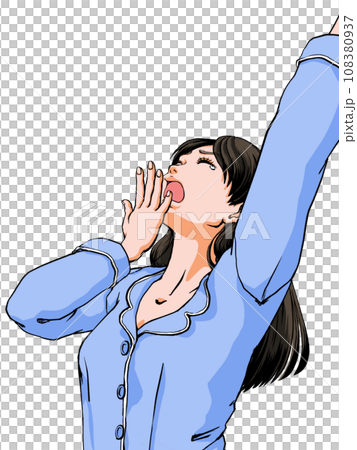 パジャマ姿であくびをする若い女性_立位上半身のみ パジャマ姿であくびをする若い女性_立位上半身のみ 108380937