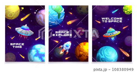 Cartoon galaxy space posters. Vector cards with alien ufo saucers, rockets, planets and asteroids in fantasy cosmic world with celestial objects. Spacecrafts expedition adventure in starry universe 108380949