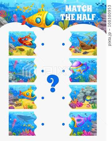Match the half of underwater landscape. Figure fragment search vector game, kids puzzle quiz or block connect riddle worksheet with submarine on ocean bottom, treasure chest sea animals and corals 108380953