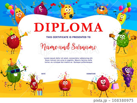 Kids diploma, cartoon tropical fruits on holiday beach party, vector education certificate. Funny fig, grape and feijoa with mango and pitaya at party celebration on sea beach for kindergarten diploma 108380975