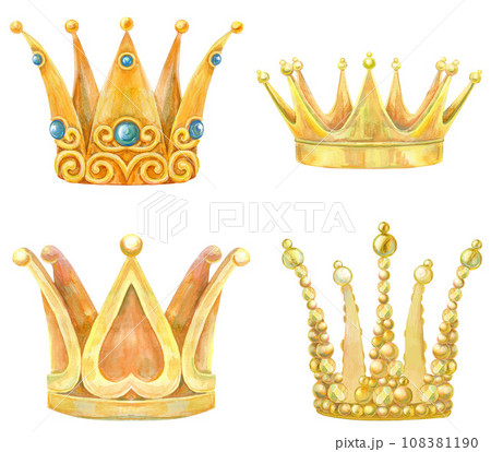 Set of gold crowns. Watercolor hand draw illustration on white background 108381190