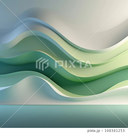 正方形背景。黄緑・緑・白の曲線的な壁がある抽象的な空間。AI生成画像 108381253