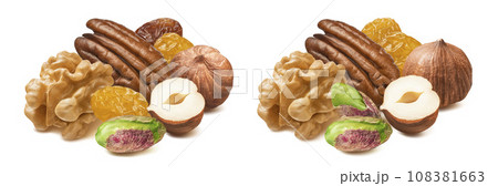Walnut, hazelnut, pecan, pistachio and raisin set isolated on white background 108381663