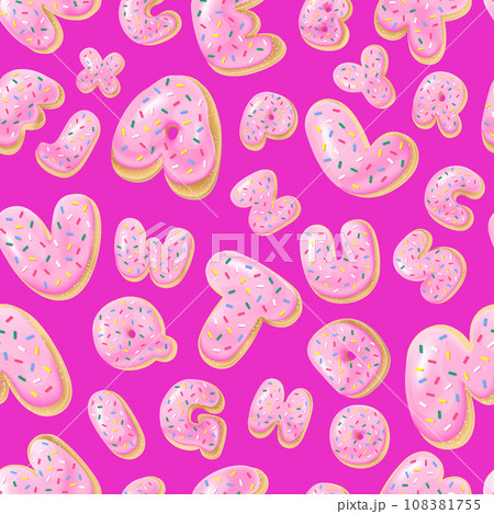 Seamless pattern with letters donuts in realistic style on the pink background, 3d. Design for packaging, textures, prints, fabrics. Vector illustration. Cake and cookies isolated baby glazed dessert 108381755