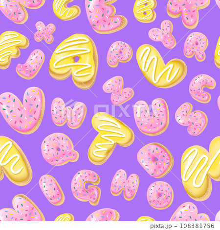 Seamless pattern with letters donuts in realistic style on the purple background, 3d. Design for packaging, textures, prints, fabrics. Vector illustration. Cake and cookies isolated glazed dessert 108381756