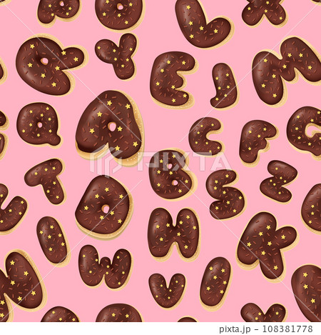 Seamless pattern with letters donuts in realistic style on the pink background, 3d. Design for packaging, textures, prints, fabrics. Vector illustration. Cake and cookies isolated glazed dessert Seamless pattern with letters donuts in realistic style on the pink background, 3d. Design for packaging, textures, prints, fabrics. Vector illustration. Cake and cookies isolated glazed dessert 108381778