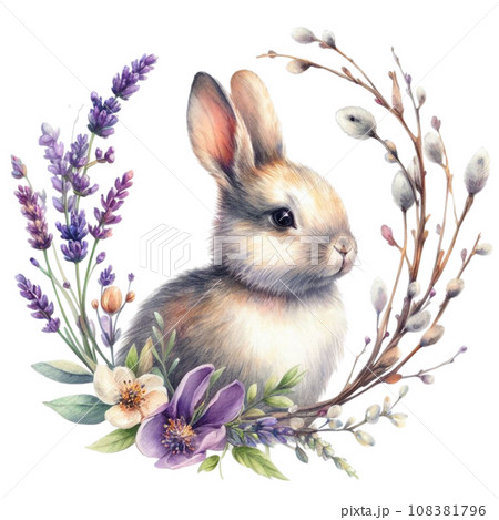 Watercolor Easter bunny with willow branches and flowers. Watercolor Easter bunny with willow branches and flowers. 108381796
