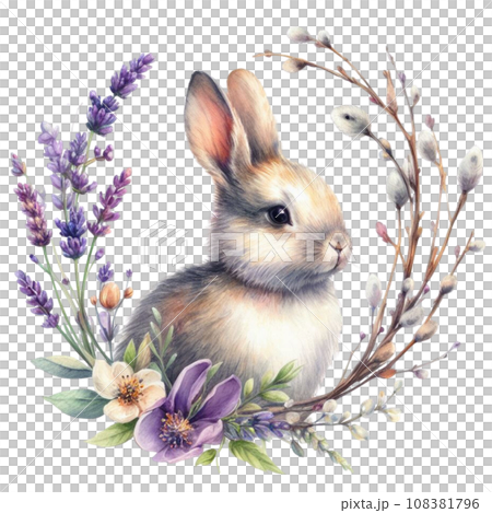 Watercolor Easter bunny with willow branches and flowers. Watercolor Easter bunny with willow branches and flowers. 108381796
