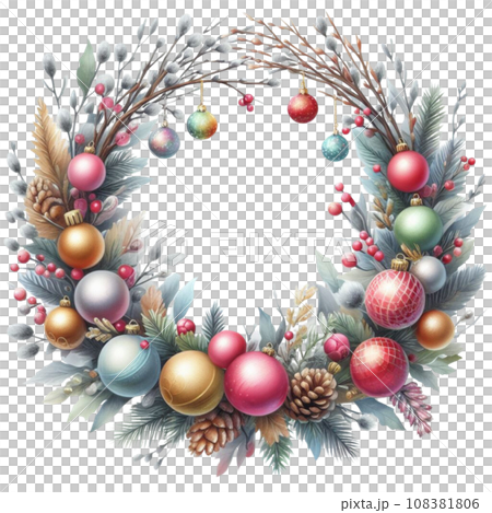 Watercolor Christmas wreath with willow branches and balls. 108381806