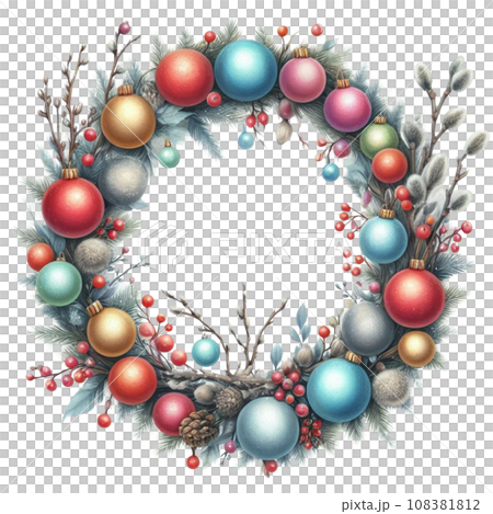 Watercolor Christmas wreath with willow branches and balls. 108381812