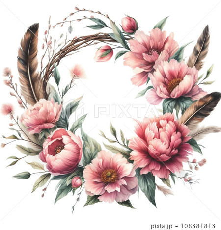 Beautiful watercolor floral wreath with pink flowers and feathers. 108381813