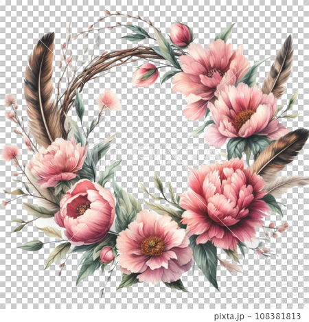 Beautiful watercolor floral wreath with pink flowers and feathers. 108381813