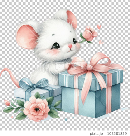 Watercolor Cute cartoon mouse with gift box. 108381829