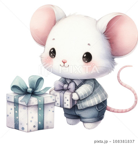 Watercolor Cute cartoon mouse with gift box. 108381837