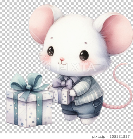Watercolor Cute cartoon mouse with gift box. 108381837