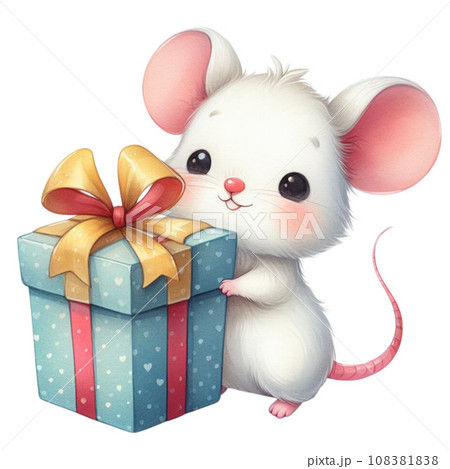 Watercolor Cute cartoon mouse with gift box. 108381838