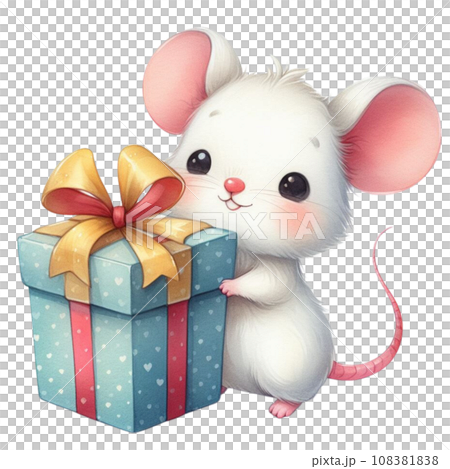 Watercolor Cute cartoon mouse with gift box. 108381838