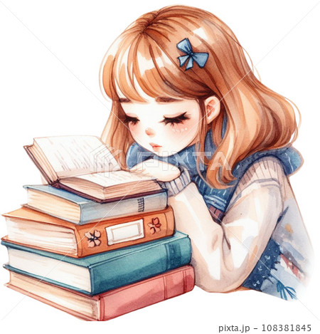 Watercolor Beautiful young woman reading a book. Watercolor Beautiful young woman reading a book. 108381845