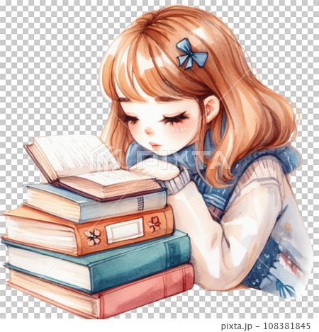 Watercolor Beautiful young woman reading a book. Watercolor Beautiful young woman reading a book. 108381845