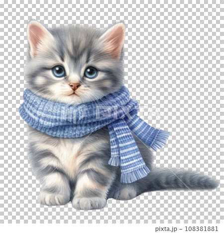 Watercolor Cute kitten in a scarf and hat on a white background. Watercolor Cute kitten in a scarf and hat on a white background. 108381881