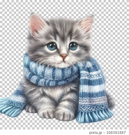 Watercolor Cute kitten in a scarf and hat on a white background. Watercolor Cute kitten in a scarf and hat on a white background. 108381887