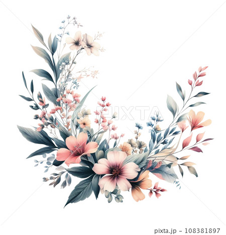 Watercolor floral wreath with flowers and leaves. Watercolor floral wreath with flowers and leaves. 108381897