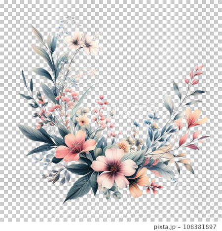 Watercolor floral wreath with flowers and leaves. Watercolor floral wreath with flowers and leaves. 108381897
