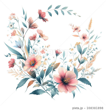 Watercolor floral wreath with flowers and leaves. Watercolor floral wreath with flowers and leaves. 108381898