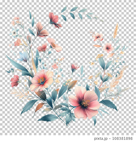 Watercolor floral wreath with flowers and leaves. Watercolor floral wreath with flowers and leaves. 108381898