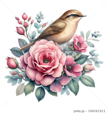 Watercolor floral composition with a bird and roses. 108381911