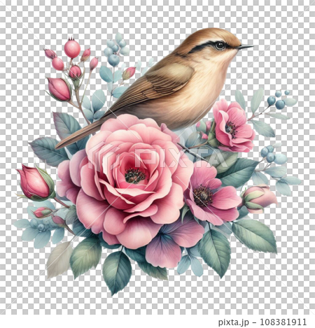 Watercolor floral composition with a bird and roses. 108381911
