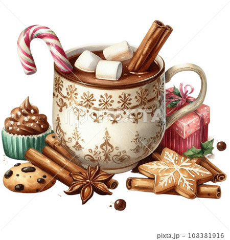 Watercolor Cup of hot cocoa with marshmallow, cinnamon, star anise, gingerbread cookies. Watercolor Cup of hot cocoa with marshmallow, cinnamon, star anise, gingerbread cookies. 108381916