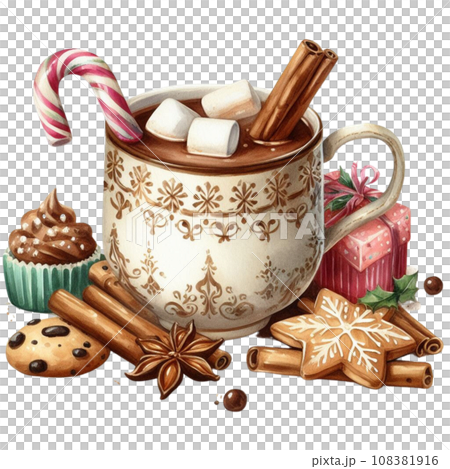 Watercolor Cup of hot cocoa with marshmallow, cinnamon, star anise, gingerbread cookies. Watercolor Cup of hot cocoa with marshmallow, cinnamon, star anise, gingerbread cookies. 108381916