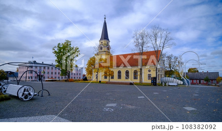 Voru, Estonia - October 21, 2023: Main city square of Voru in Estonia, Europe. Leisure area in Church. Voru city 108382092