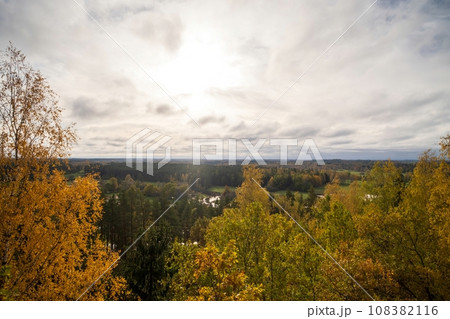 Nature of Estonia, colorful autumn deciduous forest, above view 108382116