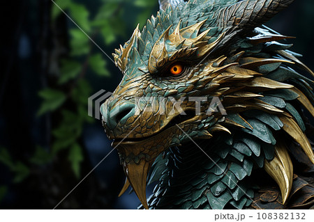 Traditional Asian green dragon close up, green background. 2024 Chinese New Year zodiac sign. AI Generative 108382132
