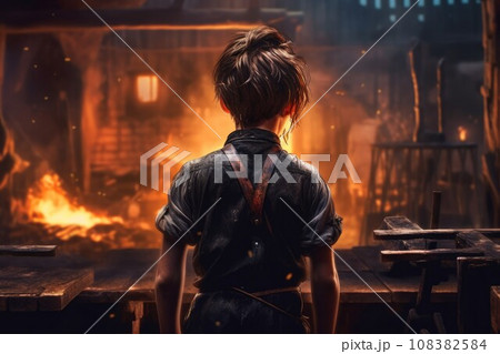 Blacksmith child fire work forge. Molten worker. Generate Ai Blacksmith child fire work forge. Molten worker. Generate Ai 108382584
