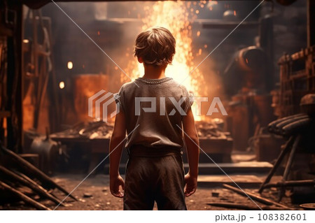 Blacksmith child boy forge. Molten equipment. Generate Ai Blacksmith child boy forge. Molten equipment. Generate Ai 108382601