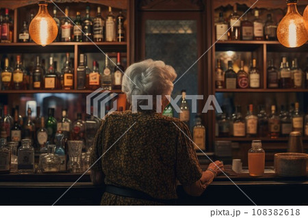 Bartender old woman time bar. Female lager. Generate Ai 108382618