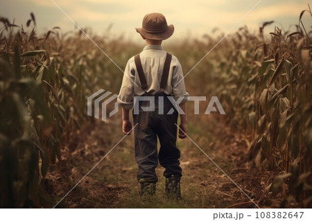 American farmer boy at corn field. Senior strong. Generate Ai 108382647