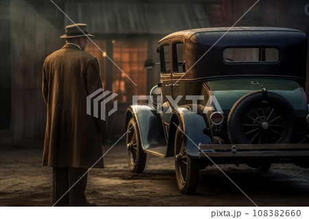 American man near vintage car. Old time. Generate Ai 108382660