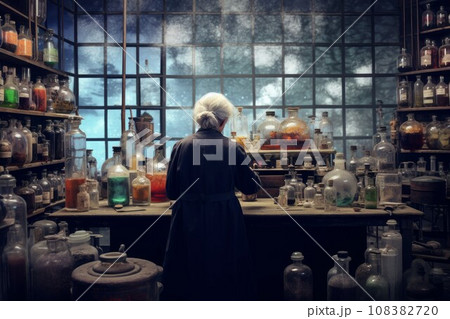Old woman chemist. Old windows of chemical laboratory. Generate Ai Old woman chemist. Old windows of chemical laboratory. Generate Ai 108382720