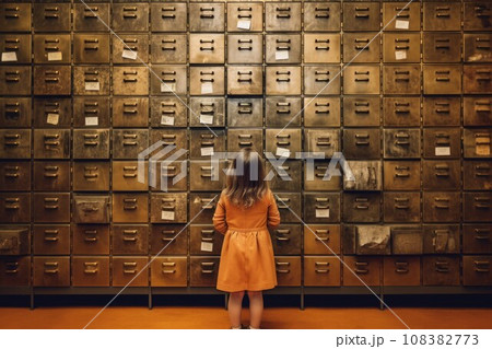 Cute small girl. Archivist filing cabinets. Generate Ai 108382773