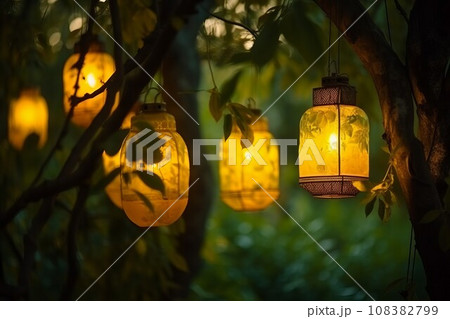 Yellow illuminated lanterns. Garden travel. Generate Ai Yellow illuminated lanterns. Garden travel. Generate Ai 108382799